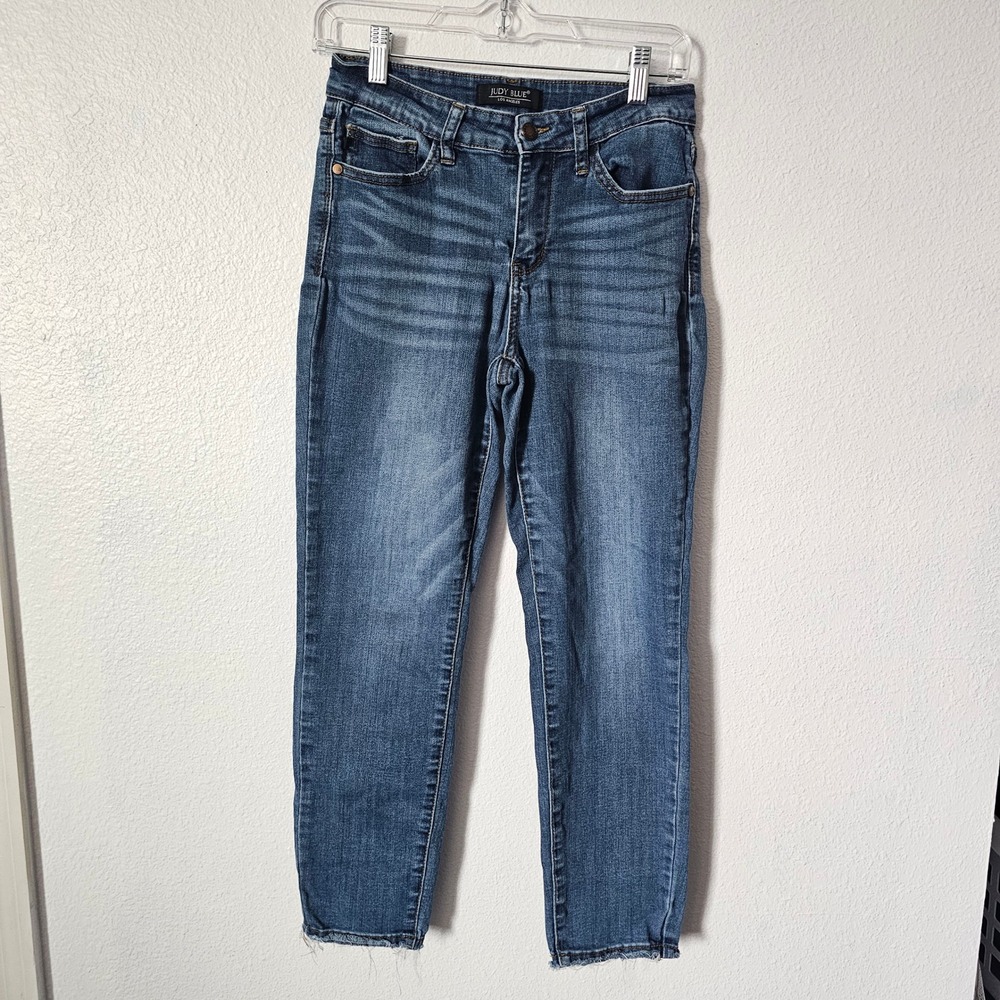 Judy Blue Mid Rise Skinny Jeans Medium Wash Raw Hem JB82102 DK Womens 28